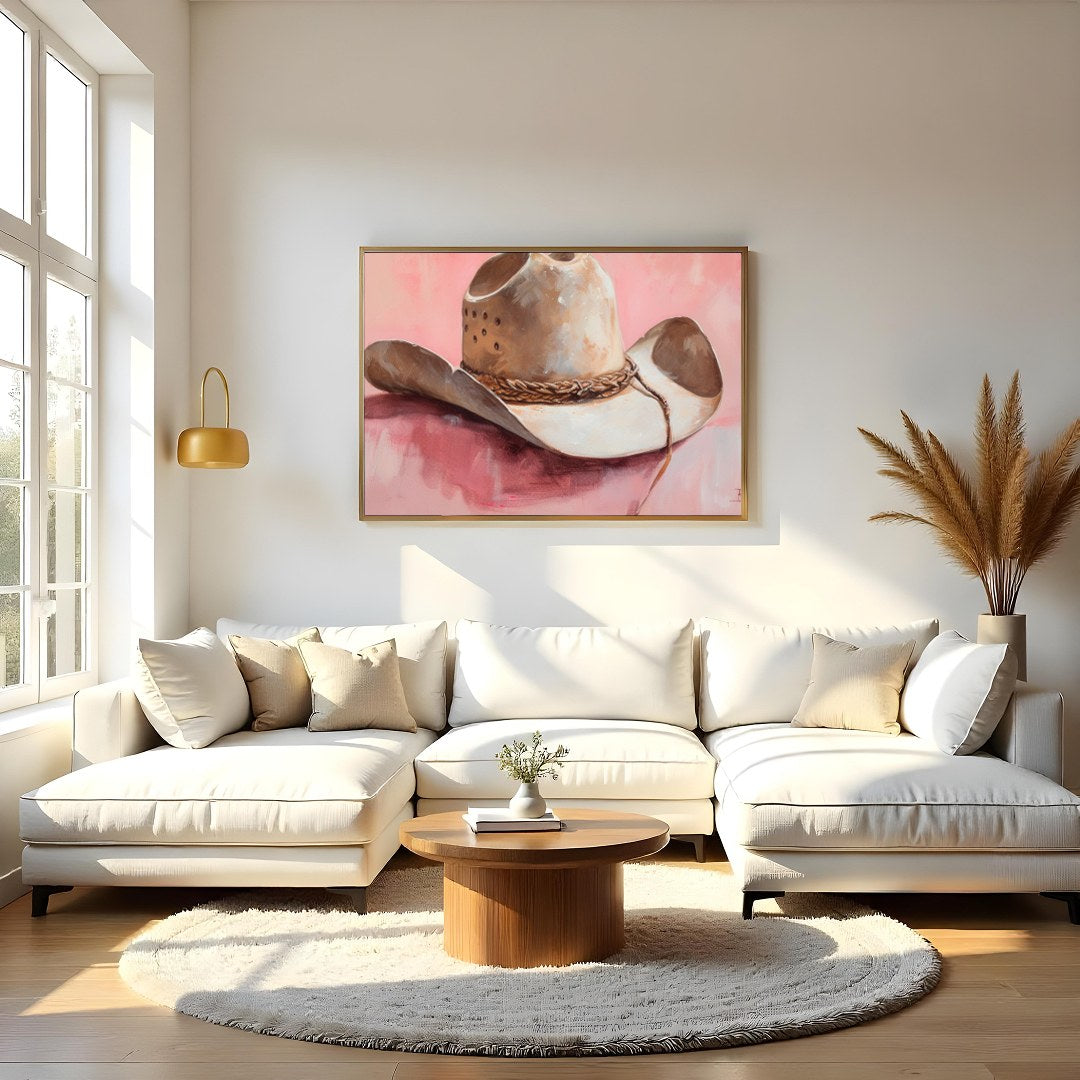 Capture the essence of the Wild West with this captivating artwork featuring a classic cowboy hat. for Living Room