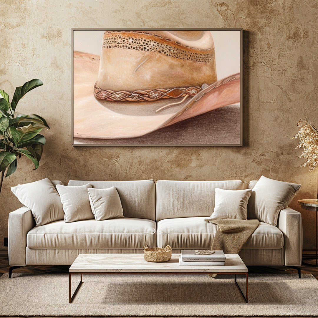 Capture the essence of the Wild West with this stunning artwork featuring a classic cowboy hat. The for Family Room
