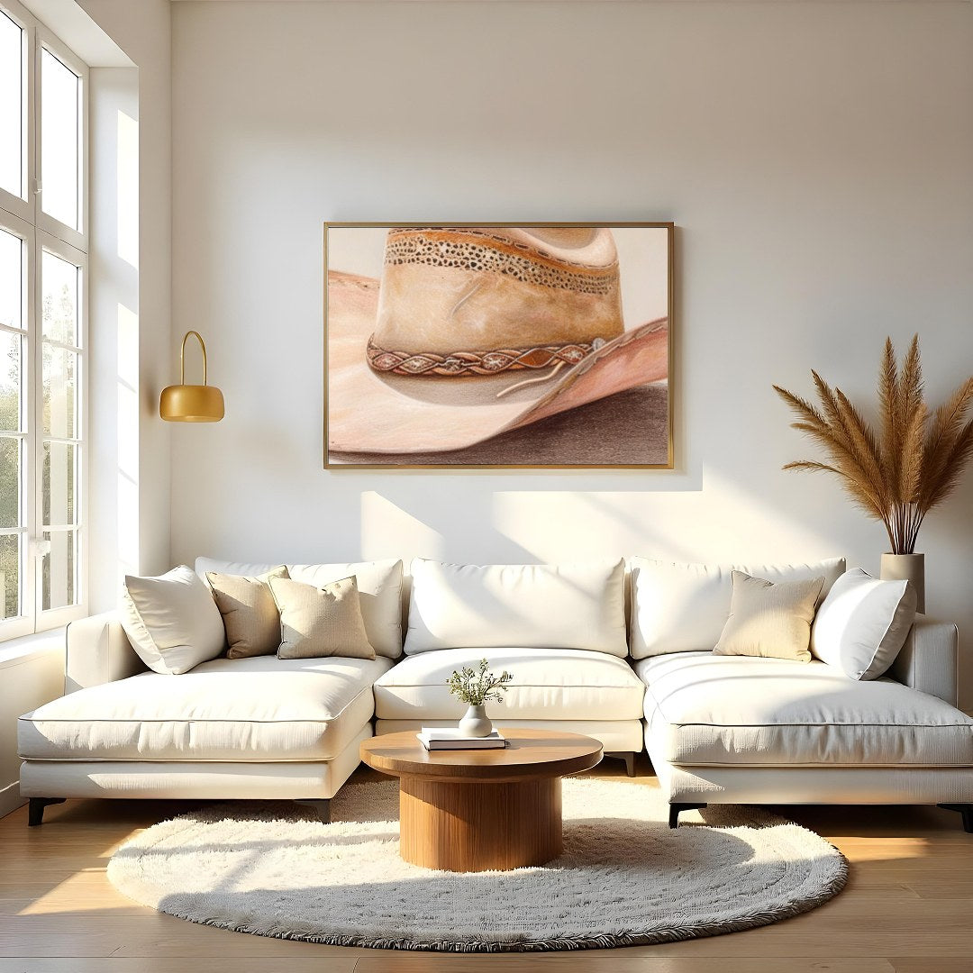 Capture the essence of the Wild West with this stunning artwork featuring a classic cowboy hat. The for Living Room