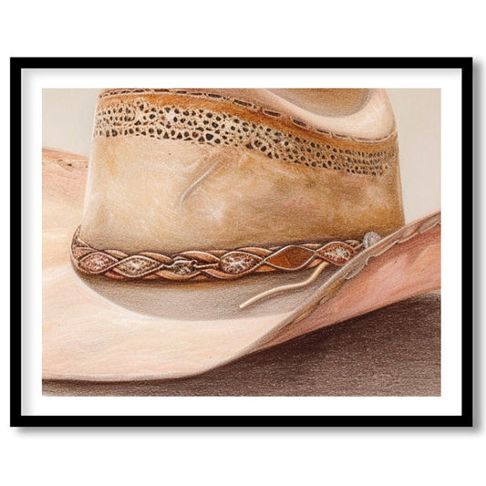 Capture the essence of the Wild West with this stunning artwork featuring a classic cowboy hat. The for space