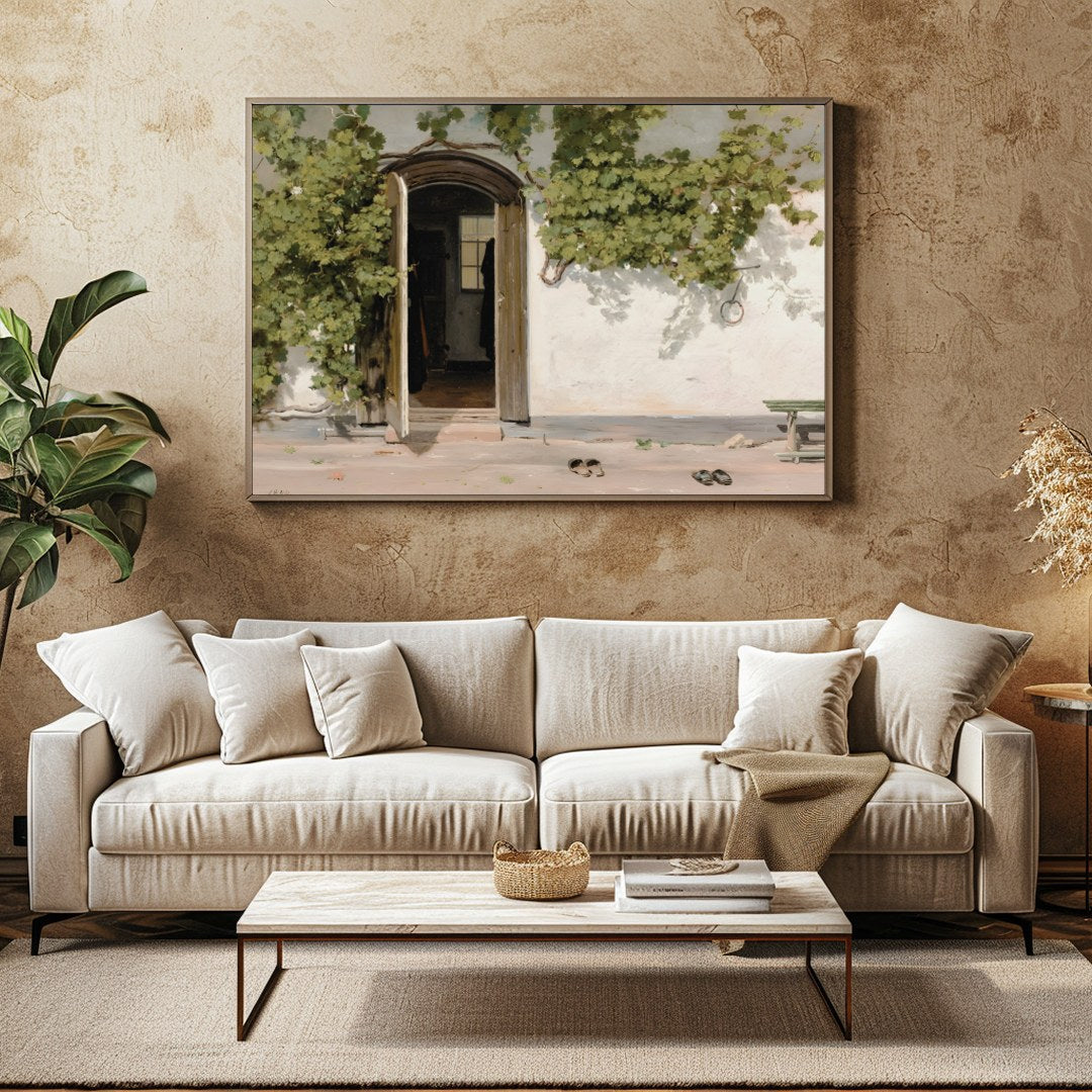 This serene artwork captures a rustic doorway adorned with lush green vines, inviting viewers into for Family Room