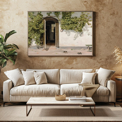 This serene artwork captures a rustic doorway adorned with lush green vines, inviting viewers into for Family Room