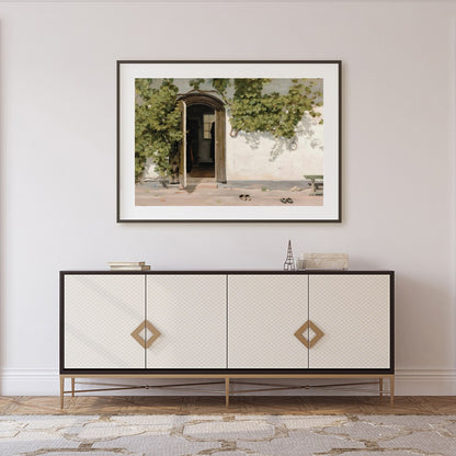 This serene artwork captures a rustic doorway adorned with lush green vines, inviting viewers into for Foyer
