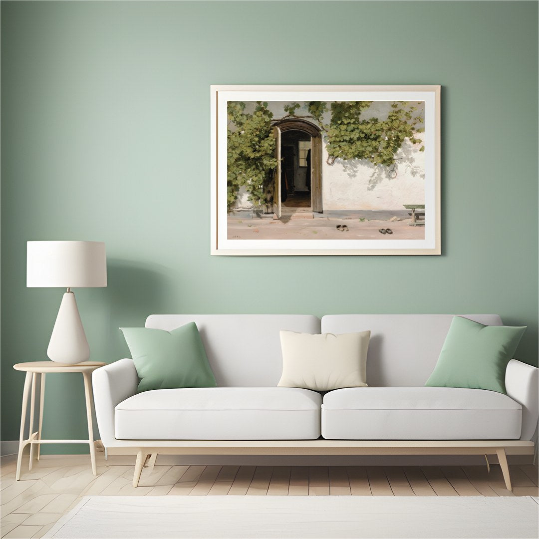 This serene artwork captures a rustic doorway adorned with lush green vines, inviting viewers into for Hall