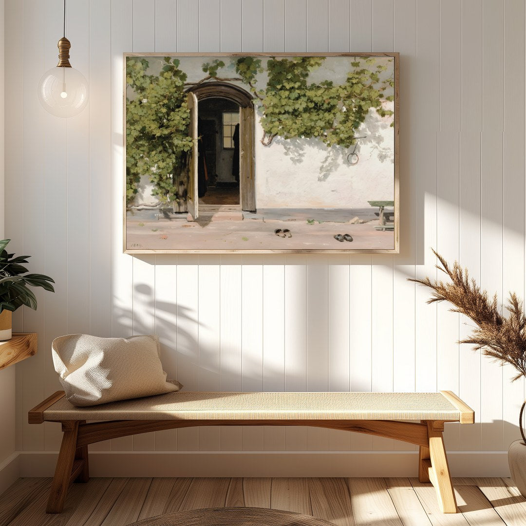 This serene artwork captures a rustic doorway adorned with lush green vines, inviting viewers into for Hallway