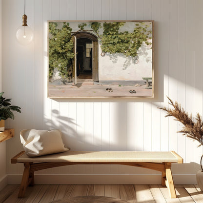 This serene artwork captures a rustic doorway adorned with lush green vines, inviting viewers into for Hallway
