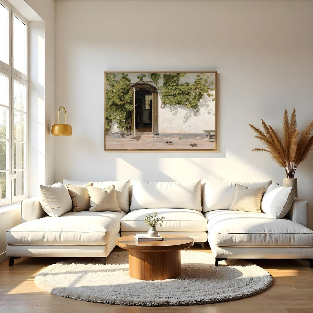 This serene artwork captures a rustic doorway adorned with lush green vines, inviting viewers into for Living Room