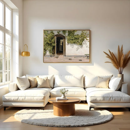 This serene artwork captures a rustic doorway adorned with lush green vines, inviting viewers into for Living Room