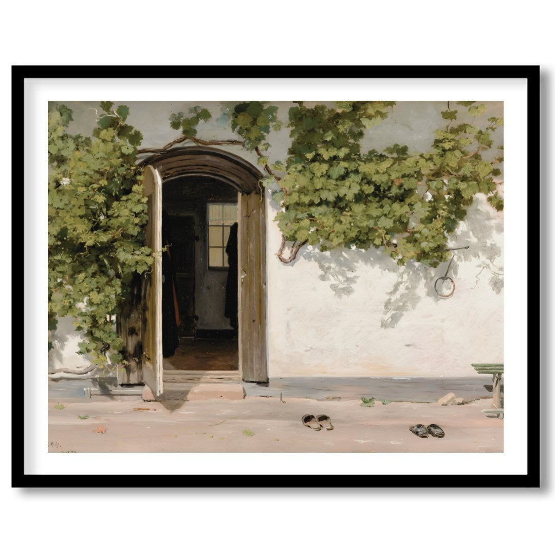 This serene artwork captures a rustic doorway adorned with lush green vines, inviting viewers into for loft
