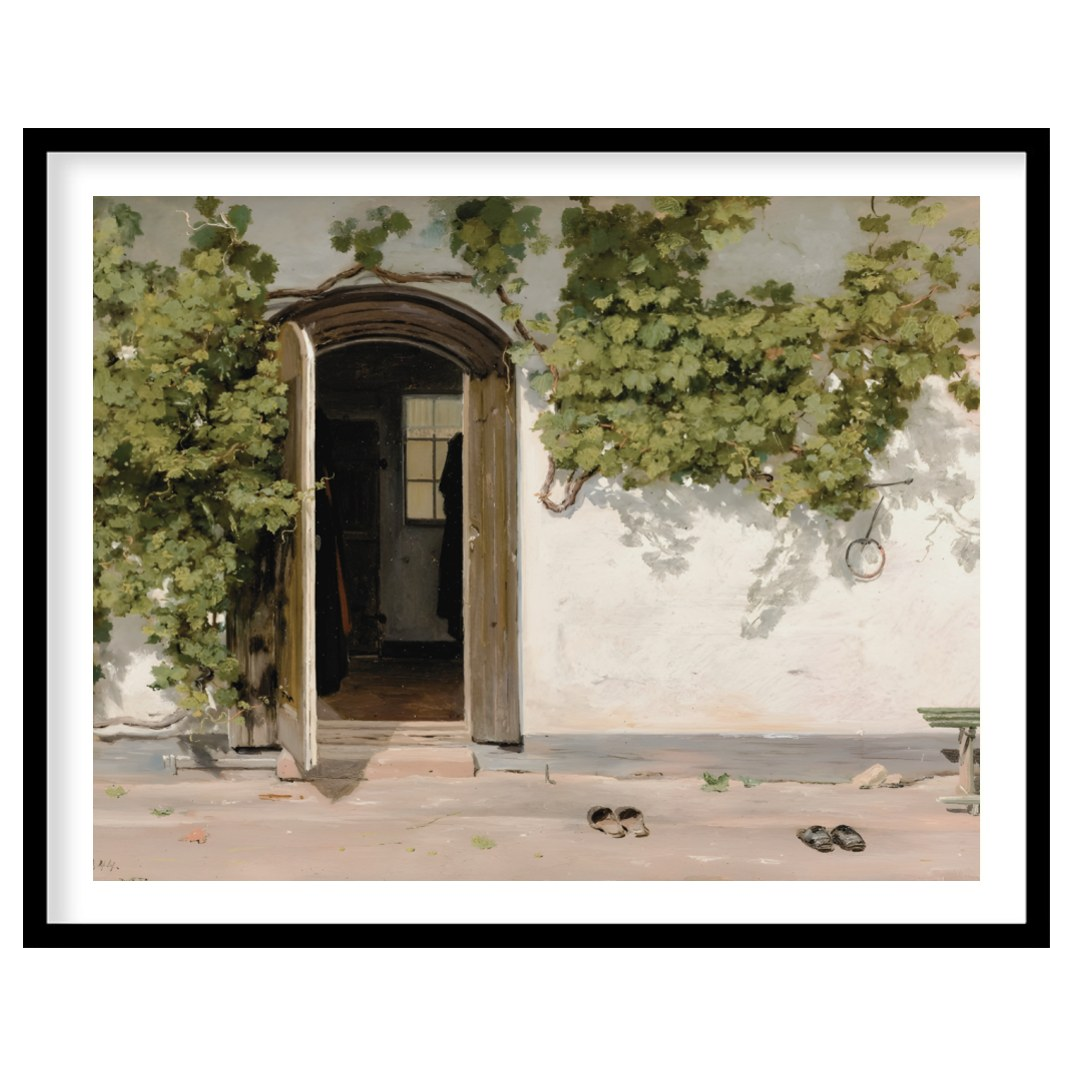 This serene artwork captures a rustic doorway adorned with lush green vines, inviting viewers into for loft