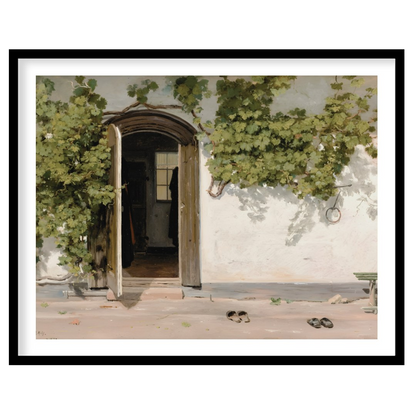 This serene artwork captures a rustic doorway adorned with lush green vines, inviting viewers into for loft