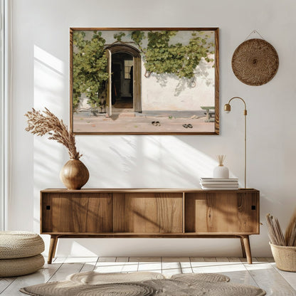 This serene artwork captures a rustic doorway adorned with lush green vines, inviting viewers into for Sitting Area