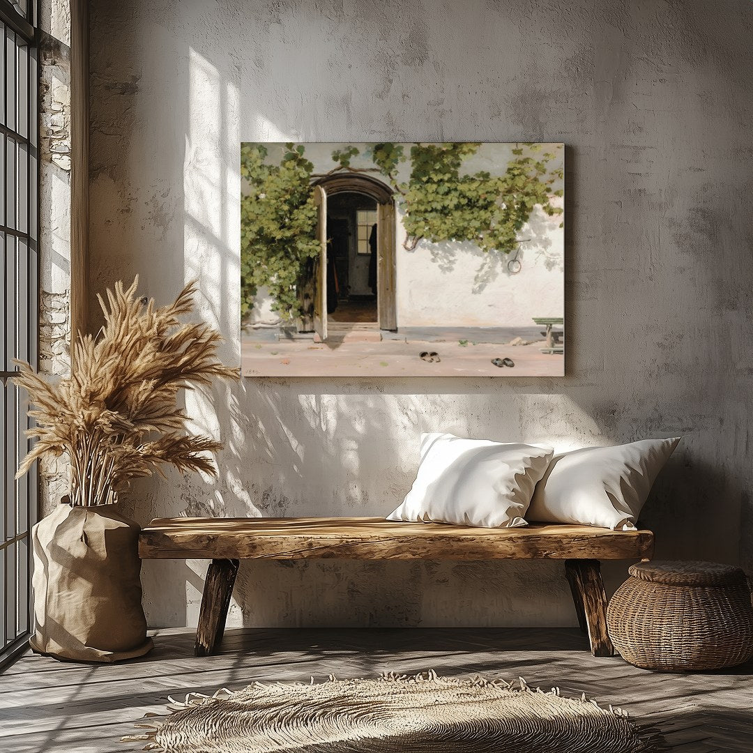 This serene artwork captures a rustic doorway adorned with lush green vines, inviting viewers into for Veranda