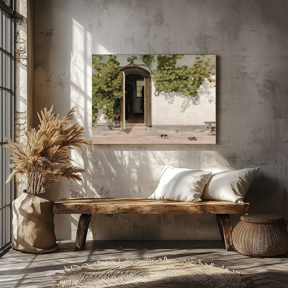 This serene artwork captures a rustic doorway adorned with lush green vines, inviting viewers into for Veranda