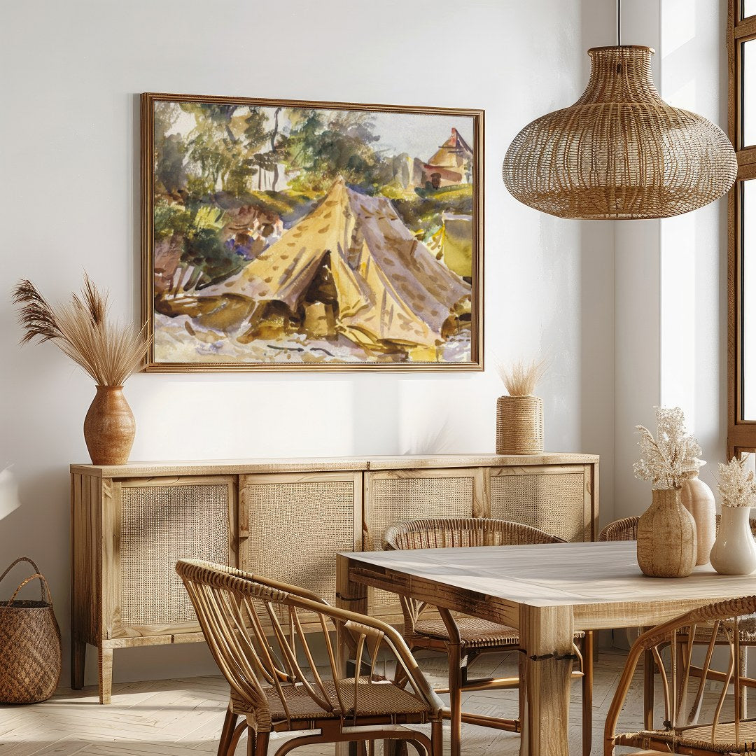 Capture the essence of a bygone era with this stunning watercolor painting, depicting a serene for Dining