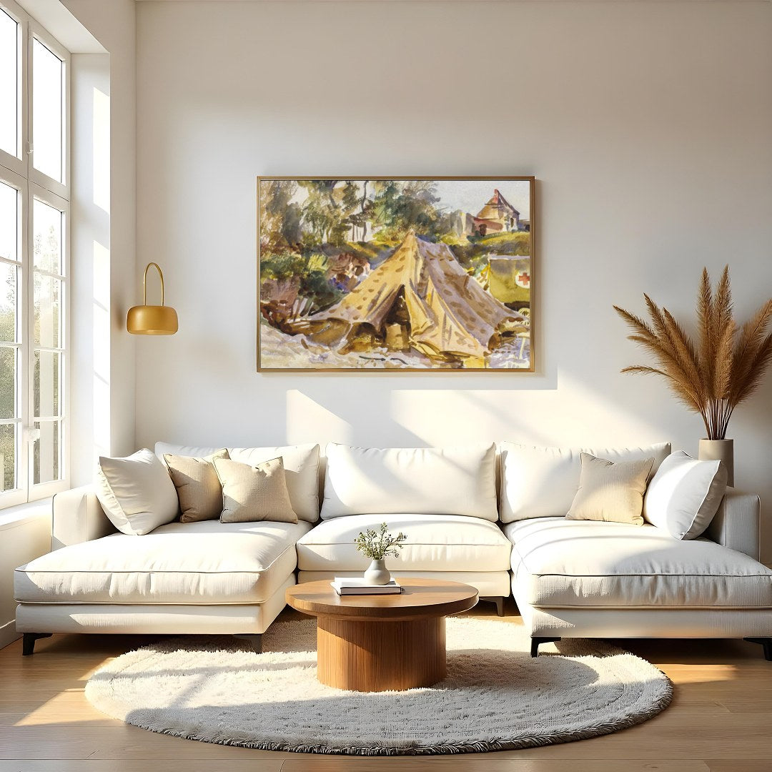 Capture the essence of a bygone era with this stunning watercolor painting, depicting a serene for Living Room