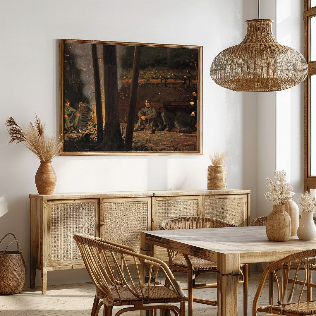Immerse yourself in the tranquil ambiance of this captivating wall art depicting a serene campsite for Dining
