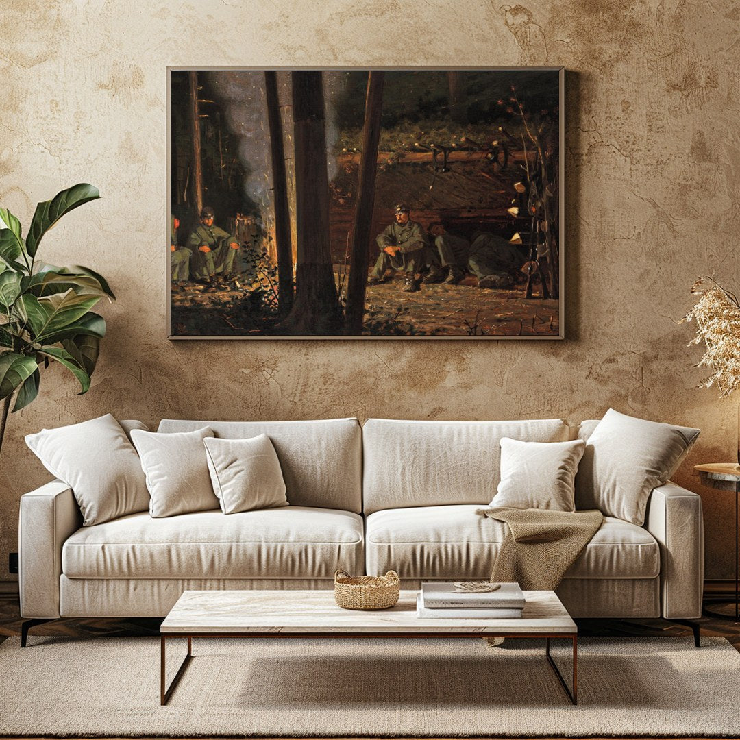 Immerse yourself in the tranquil ambiance of this captivating wall art depicting a serene campsite for Family Room