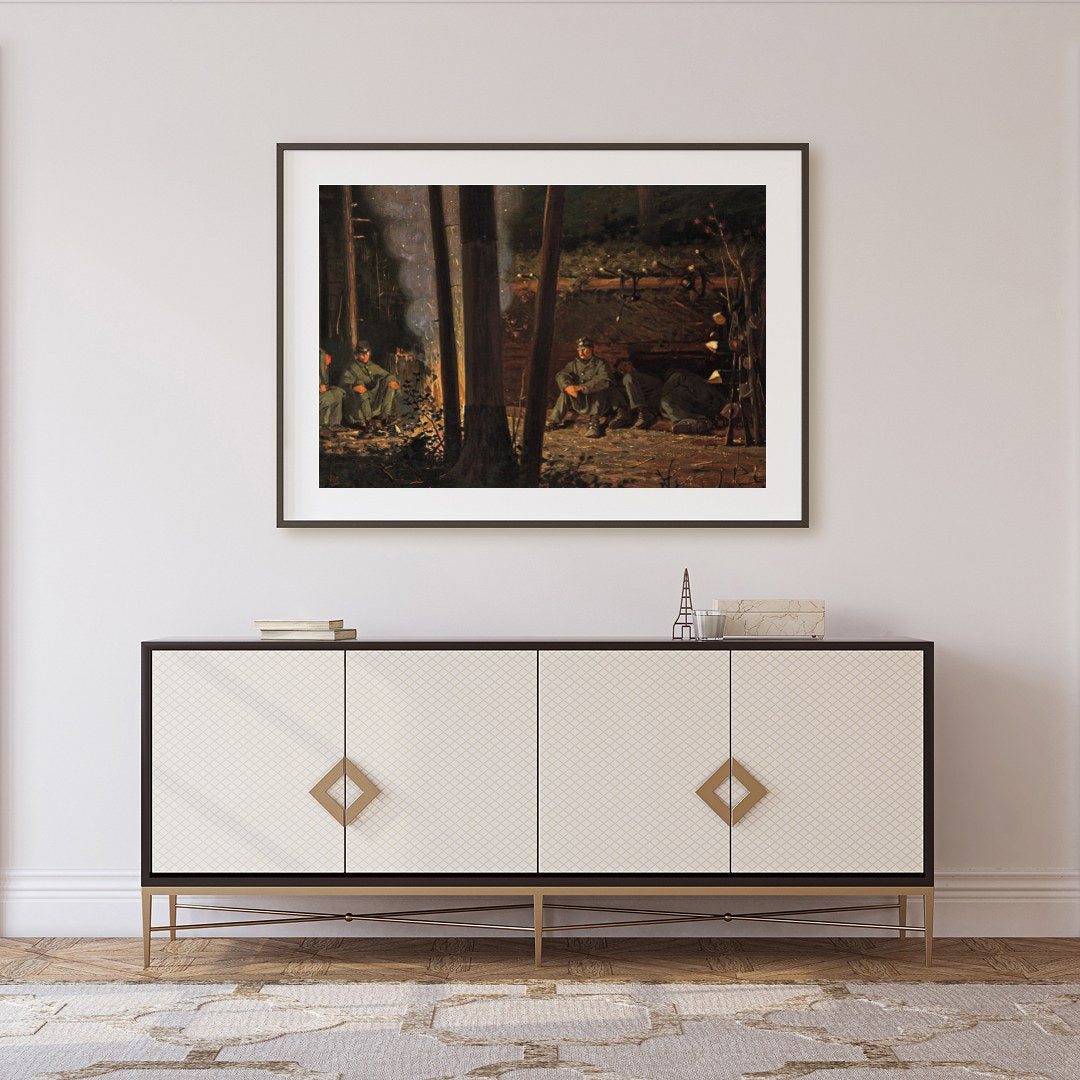 Immerse yourself in the tranquil ambiance of this captivating wall art depicting a serene campsite for Foyer