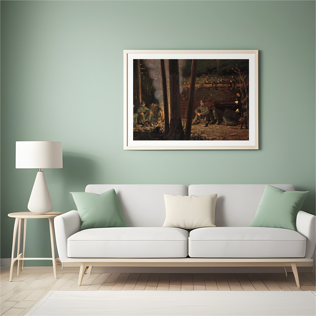 Immerse yourself in the tranquil ambiance of this captivating wall art depicting a serene campsite for Hall