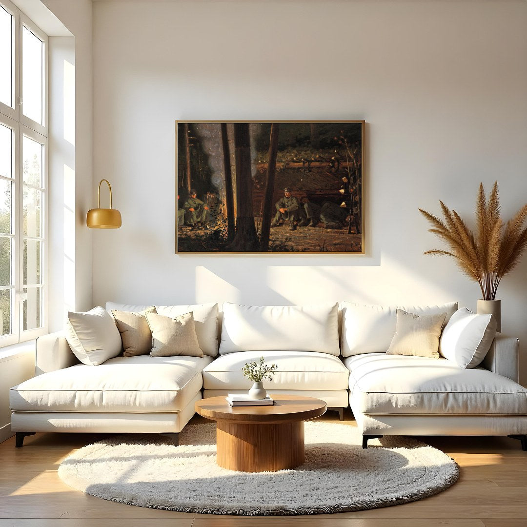 Immerse yourself in the tranquil ambiance of this captivating wall art depicting a serene campsite for Living Room