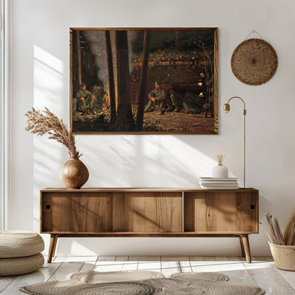 Immerse yourself in the tranquil ambiance of this captivating wall art depicting a serene campsite for Sitting Area