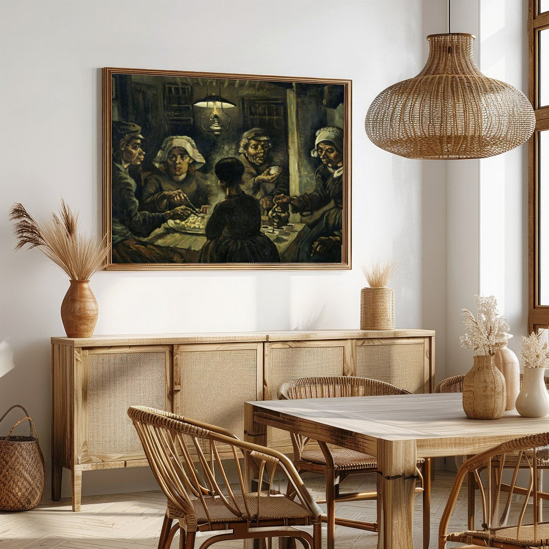 Immerse yourself in this evocative artwork capturing a humble gathering around a dimly-lit table. for Dining