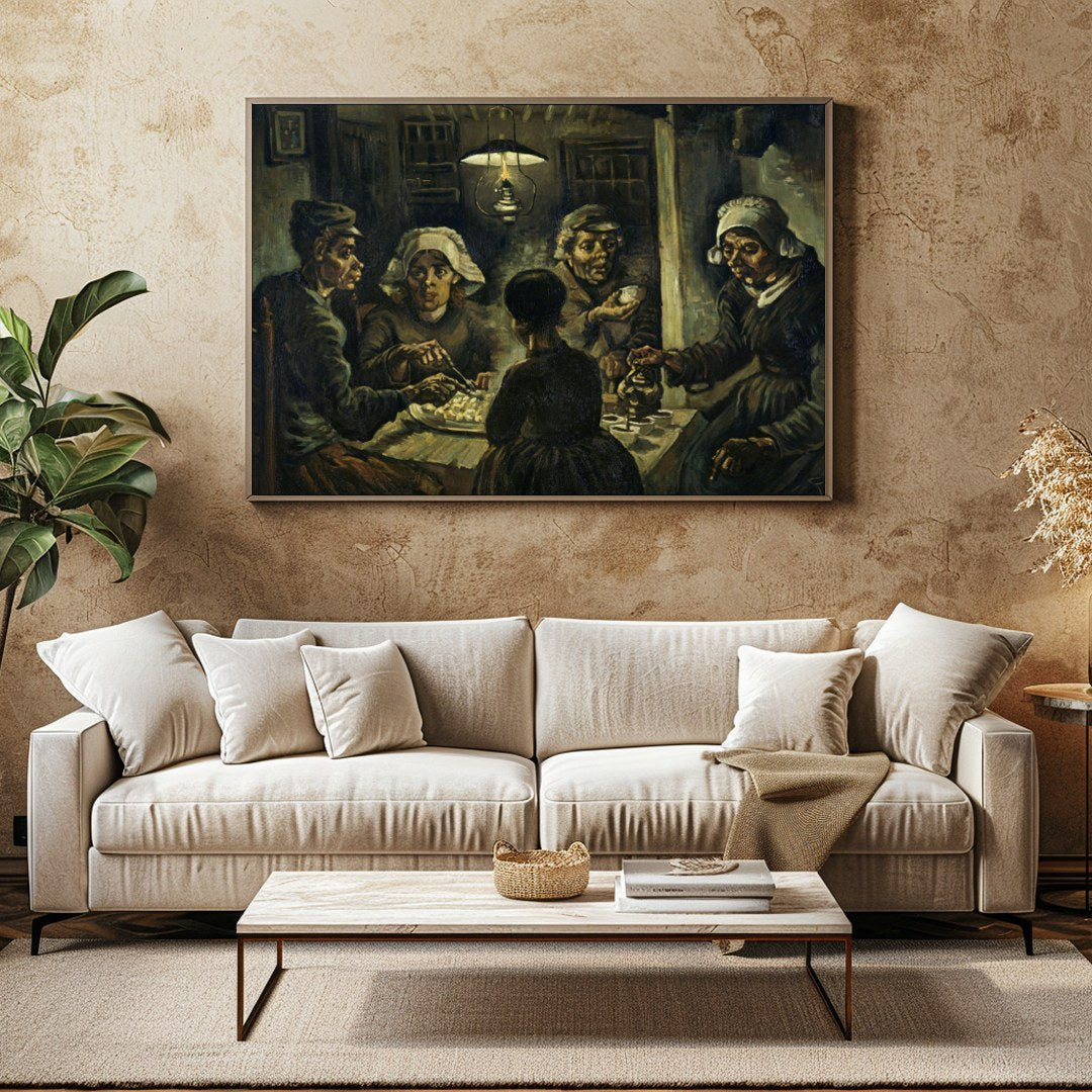 Immerse yourself in this evocative artwork capturing a humble gathering around a dimly-lit table. for Family Room