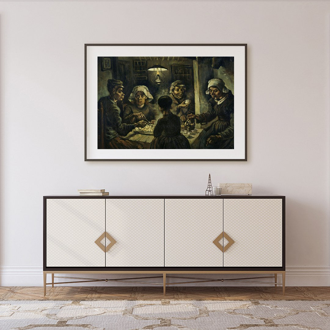 Immerse yourself in this evocative artwork capturing a humble gathering around a dimly-lit table. for Foyer