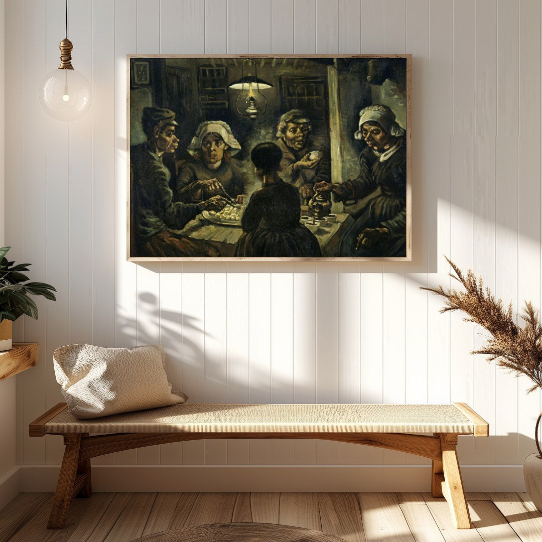 Immerse yourself in this evocative artwork capturing a humble gathering around a dimly-lit table. for Hallway