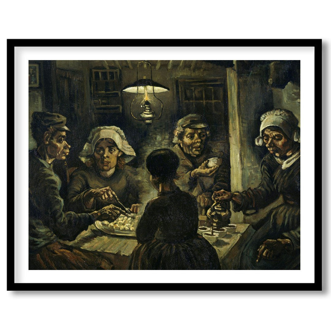 Immerse yourself in this evocative artwork capturing a humble gathering around a dimly-lit table. for kitchen