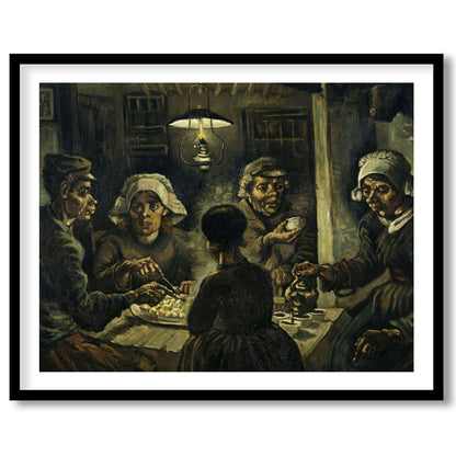 Immerse yourself in this evocative artwork capturing a humble gathering around a dimly-lit table. for kitchen