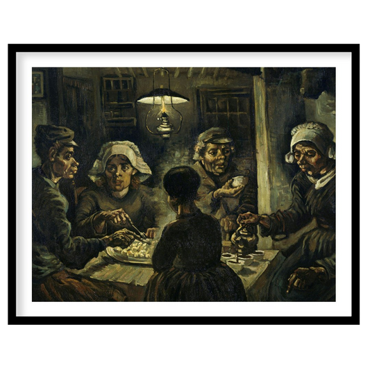 Immerse yourself in this evocative artwork capturing a humble gathering around a dimly-lit table. for kitchen