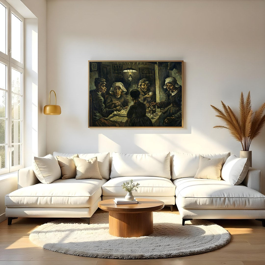 Immerse yourself in this evocative artwork capturing a humble gathering around a dimly-lit table. for Living Room