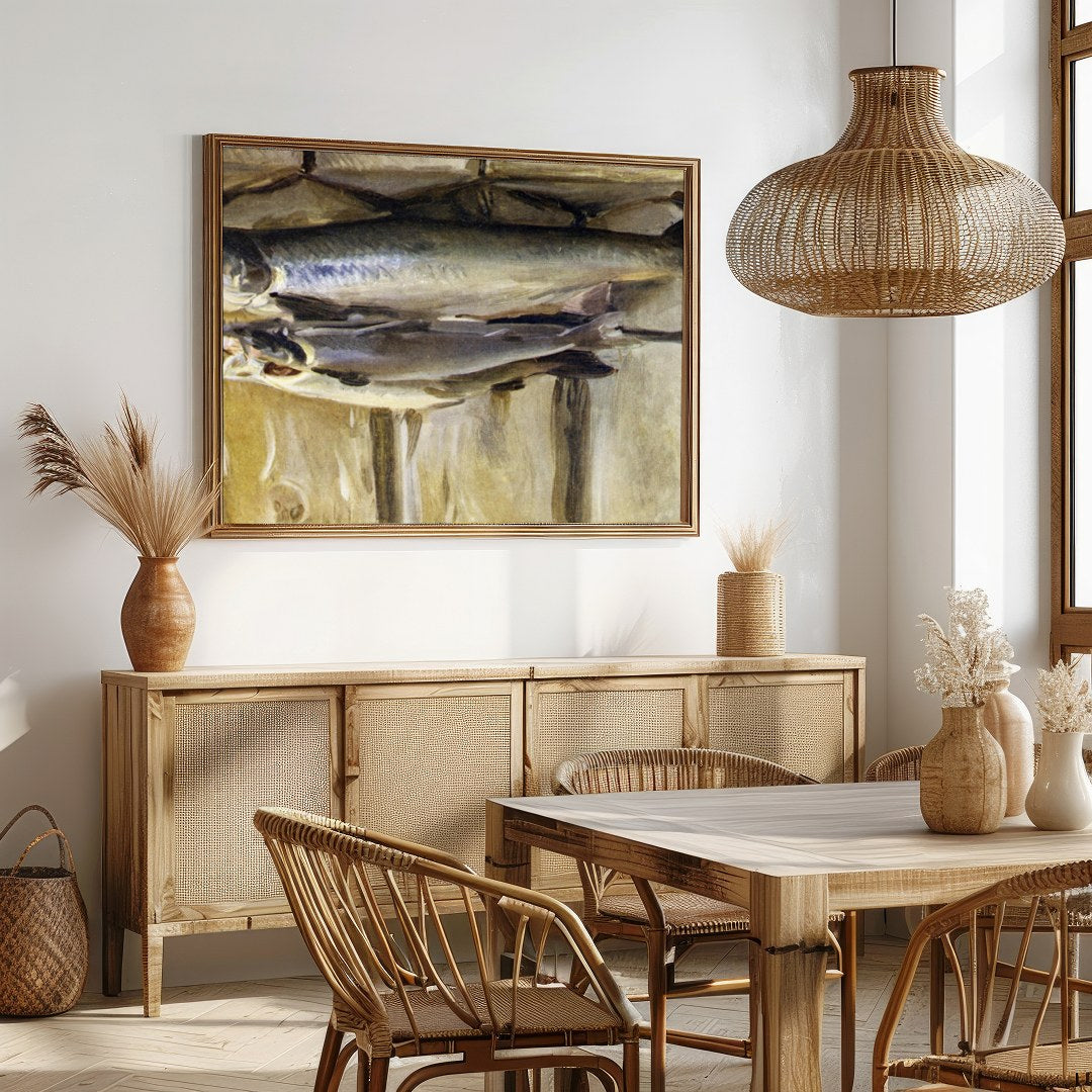 Capture the essence of rustic charm with this stunning still life featuring a duo of fish. The warm for Dining