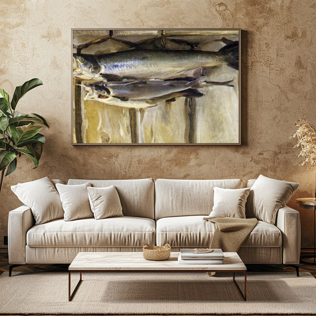 Capture the essence of rustic charm with this stunning still life featuring a duo of fish. The warm for Family Room