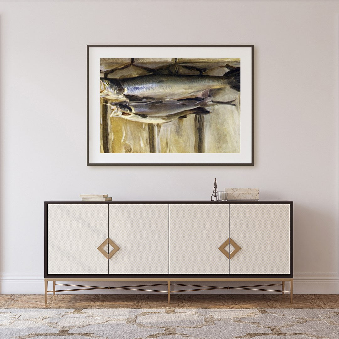 Capture the essence of rustic charm with this stunning still life featuring a duo of fish. The warm for Foyer