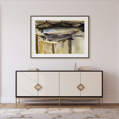 Capture the essence of rustic charm with this stunning still life featuring a duo of fish. The warm for Foyer