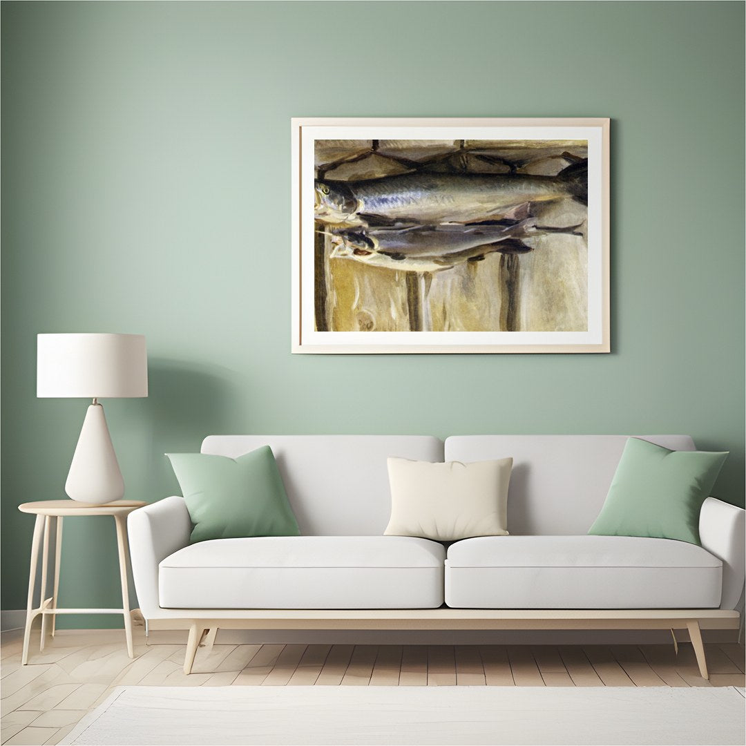 Capture the essence of rustic charm with this stunning still life featuring a duo of fish. The warm for Hall