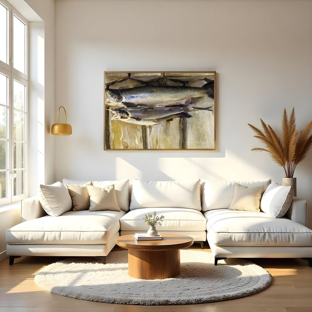 Capture the essence of rustic charm with this stunning still life featuring a duo of fish. The warm for Living Room