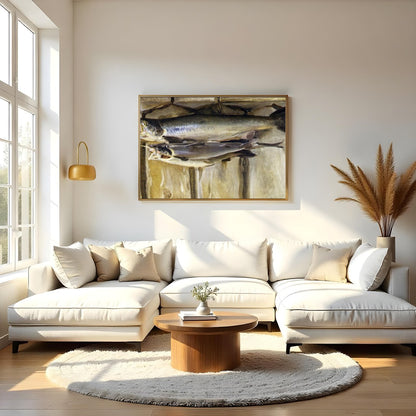 Capture the essence of rustic charm with this stunning still life featuring a duo of fish. The warm for Living Room