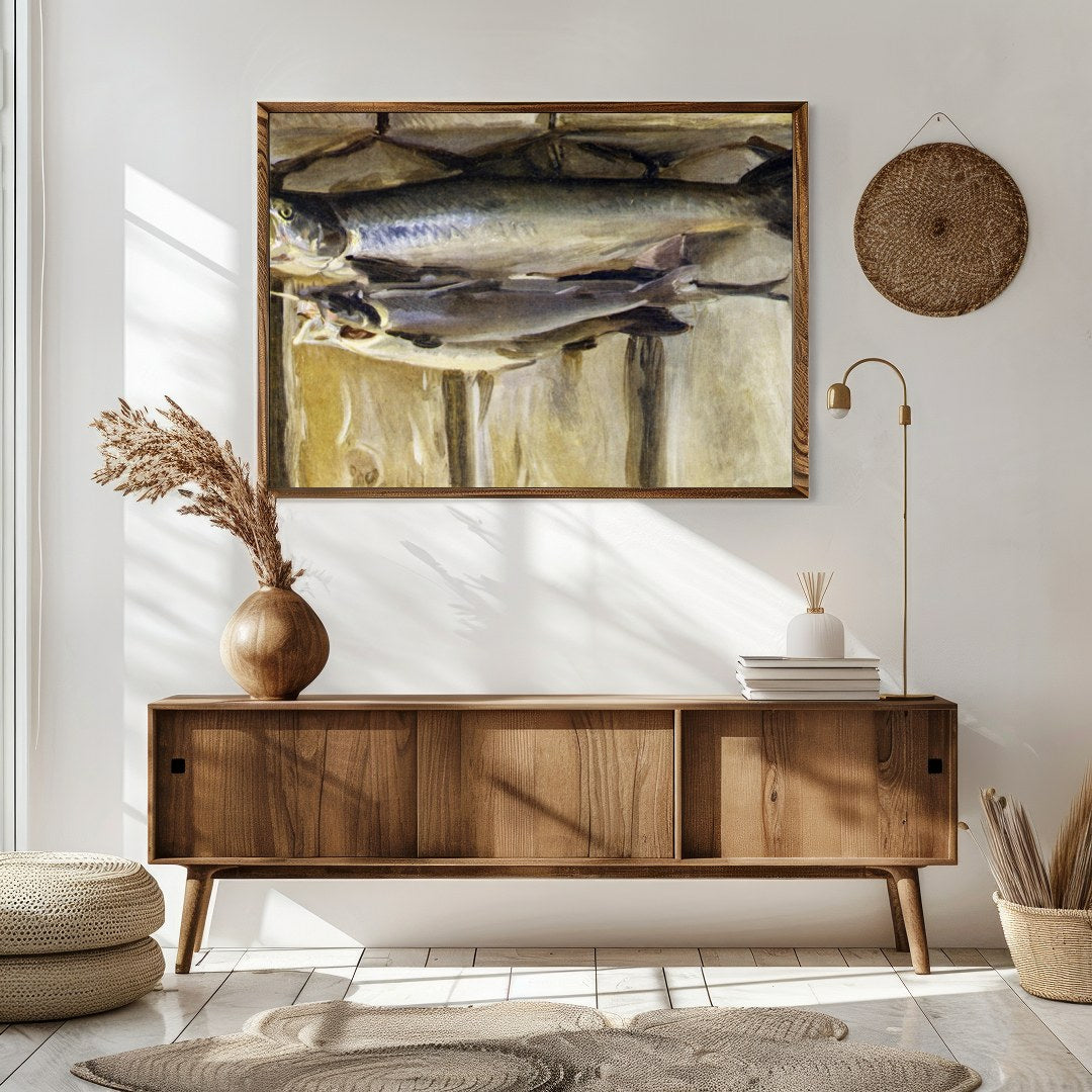 Capture the essence of rustic charm with this stunning still life featuring a duo of fish. The warm for Sitting Area