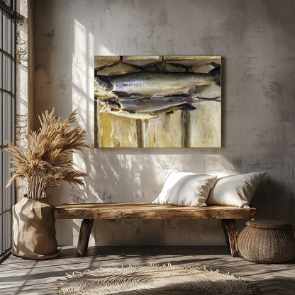 Capture the essence of rustic charm with this stunning still life featuring a duo of fish. The warm for Veranda