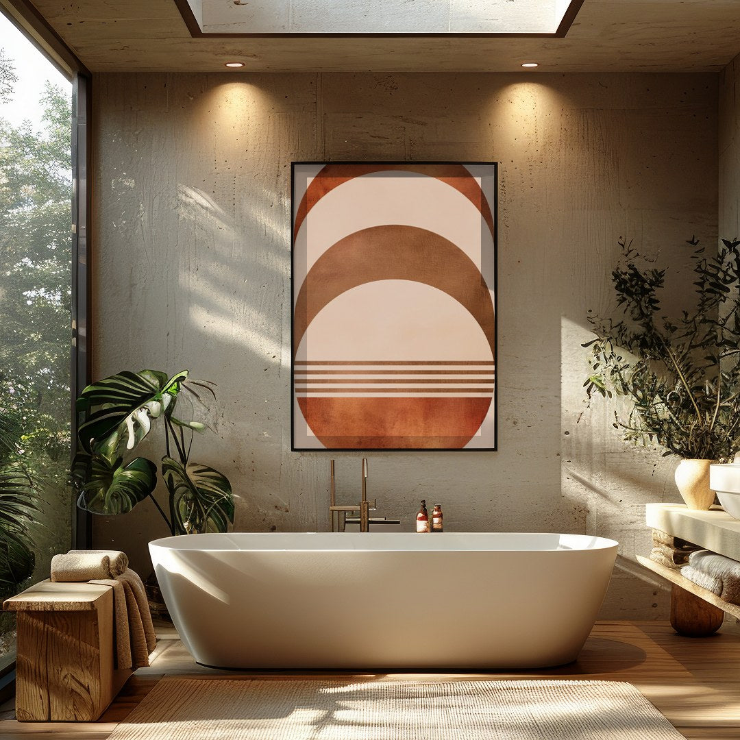 Elevate your space with this captivating rustic half-moon geometric artwork. Featuring a harmonious for Bathroom
