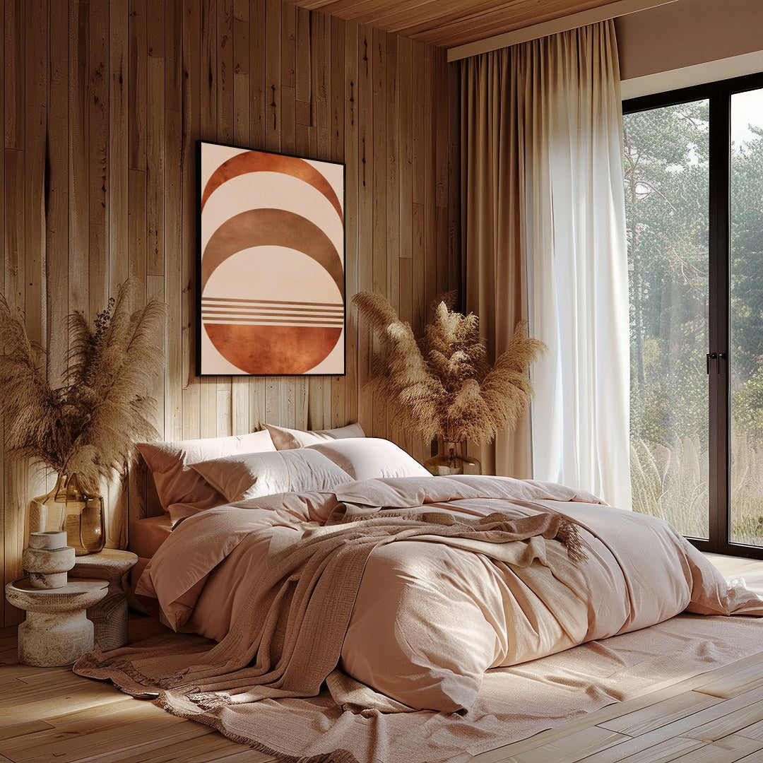 Elevate your space with this captivating rustic half-moon geometric artwork. Featuring a harmonious for Bedroom