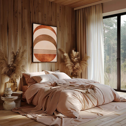 Elevate your space with this captivating rustic half-moon geometric artwork. Featuring a harmonious for Bedroom