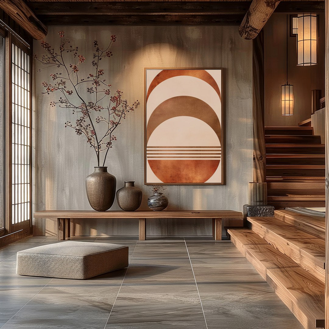 Elevate your space with this captivating rustic half-moon geometric artwork. Featuring a harmonious for Hall