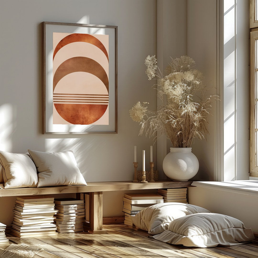 Elevate your space with this captivating rustic half-moon geometric artwork. Featuring a harmonious for hallway