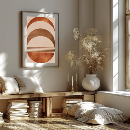 Elevate your space with this captivating rustic half-moon geometric artwork. Featuring a harmonious for hallway