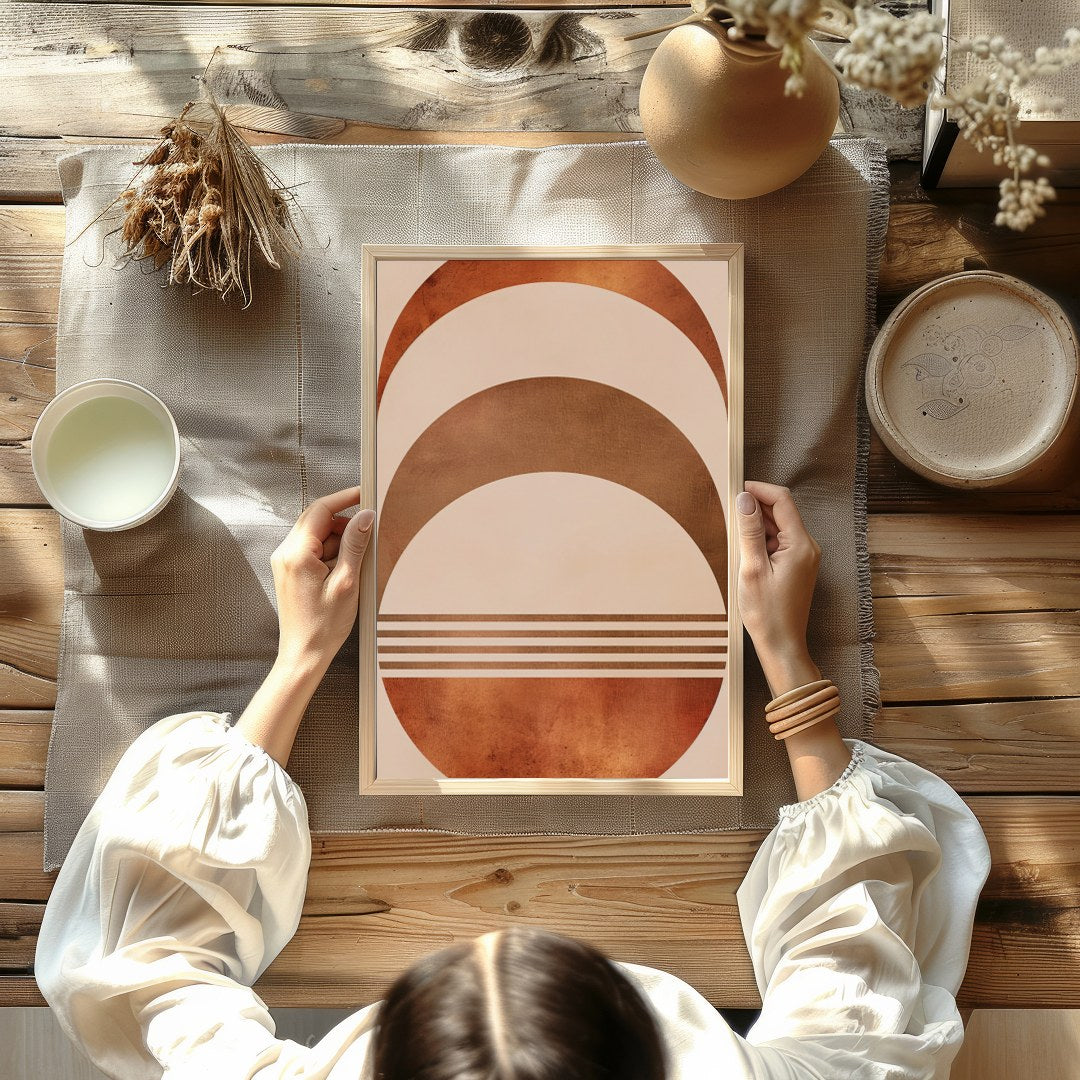Elevate your space with this captivating rustic half-moon geometric artwork. Featuring a harmonious for Kitchen